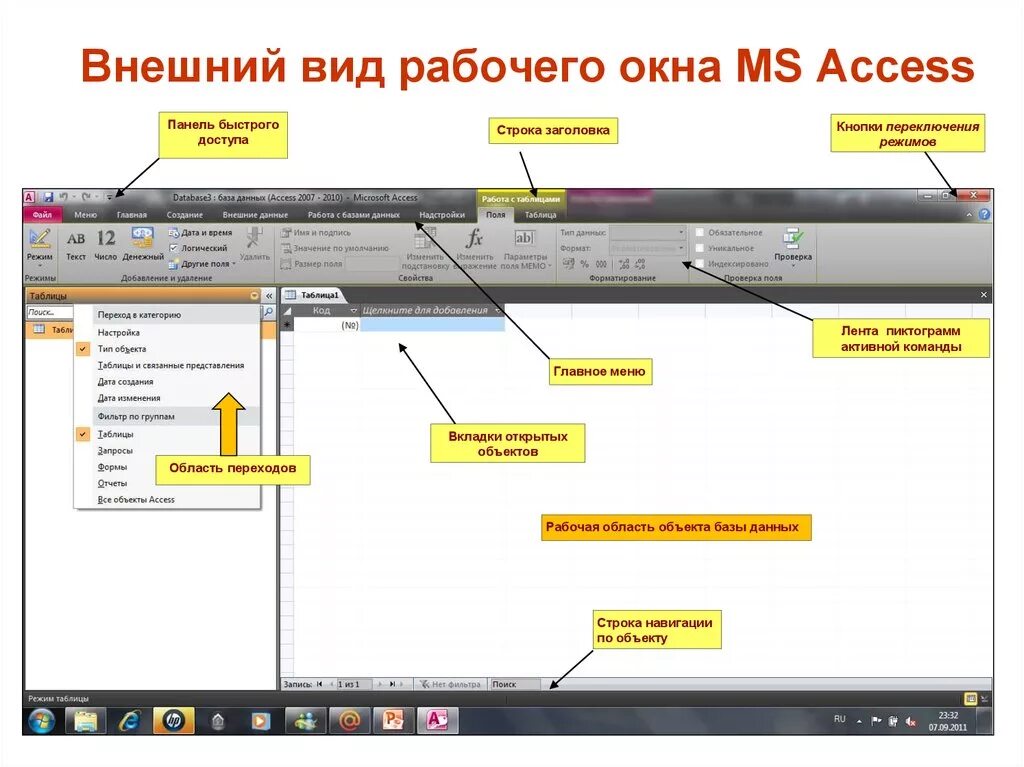 Окно панели элементов. Структура окна MS access. Панель элементов в access 2007. Элементы окна программы MS access. Панель инструментов MS access 2010.