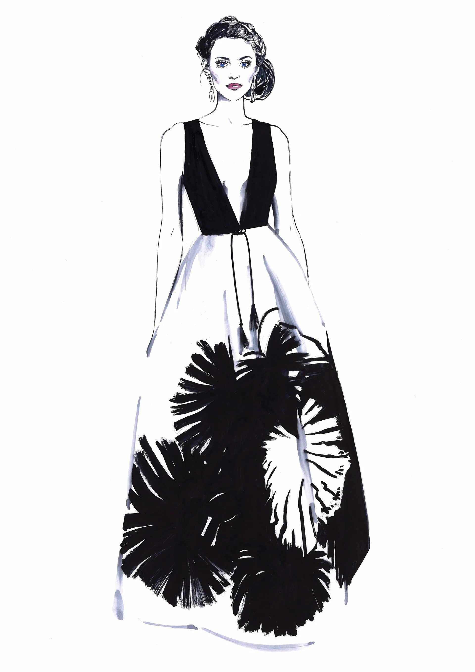 Платья в черном белом цвете. Эскизы платьев. Эскизы одежды дизайнеров. Фэшн иллюстрация. Модные эскизы.