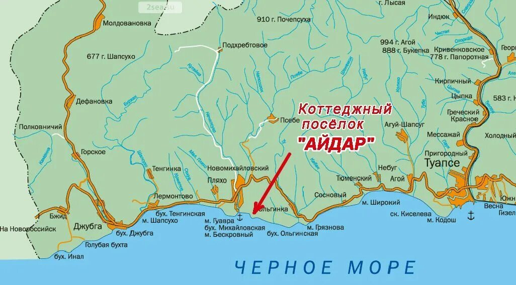 Туапсе на карте Черноморского побережья карта. Черное море Архипо Осиповка на карте. Джубга на карте Краснодарского края. Где находится лермонтово