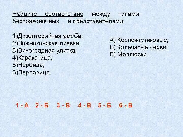 Установите соответствие между характеристикой и генотипом. Найдите соответствие между типами беспозвоночных и представителями. Установите соответствие в типе беспозвоночные. Укажите соответствия между характеристиками и типами моллюсков. Установите соответствие между характеристиками и червями.