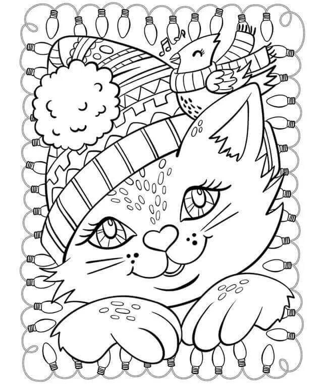 Раскраска новогодние котики для детей распечатать New coloring books for Christmas that are perfect for the Howl Idays Ausmalbilde