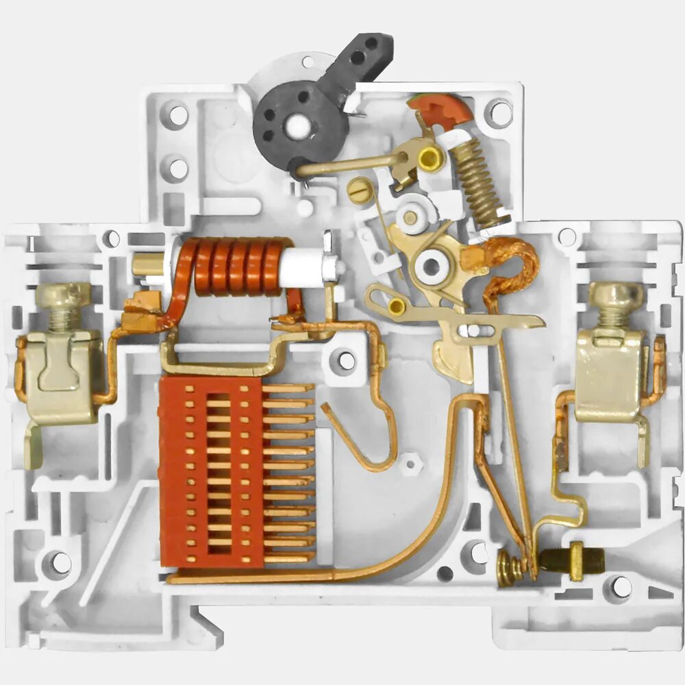 Устройство автомата токовой защиты. Из чего состоит автоматический выключатель. Автоматический выключатель в разрезе. Электромагнитный расцепитель автоматического выключателя. Конструкция автоматического выключателя ва47-29.