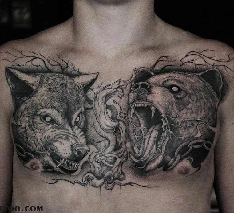 Тату про волков и медведь. Тату медведь волк. Тату волк и медведь на груди. Тату медведь волк. Тату медведь на спине.