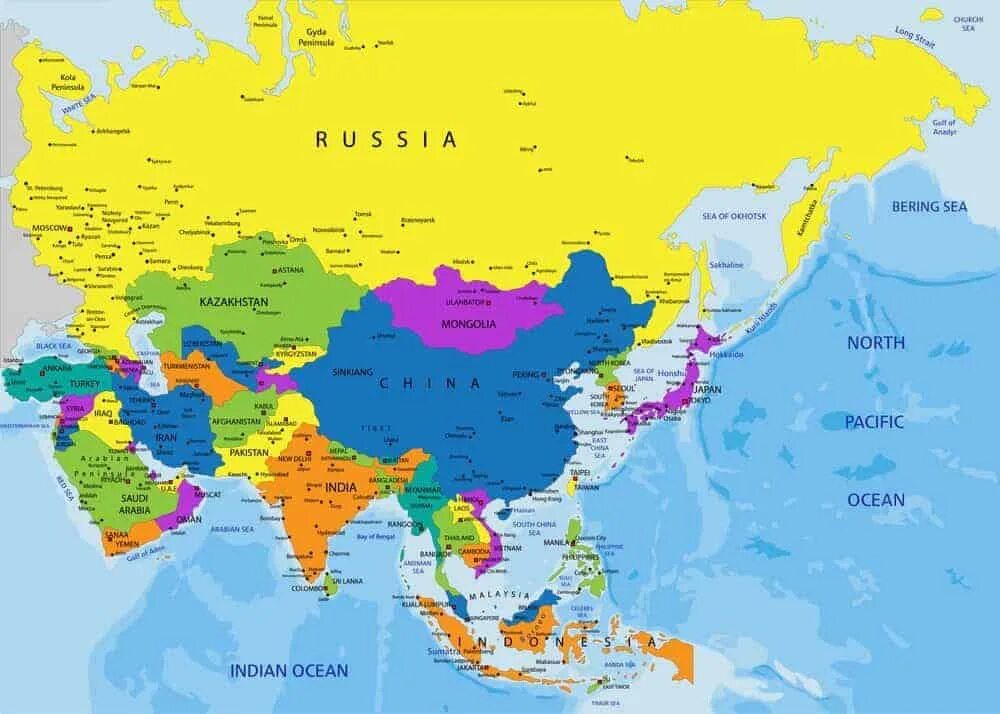 Карта Азии со странами на русском. Политическая карта Азии. Карта Южной Азии со странами крупно на русском. Карта Азии со странами крупно на русском.