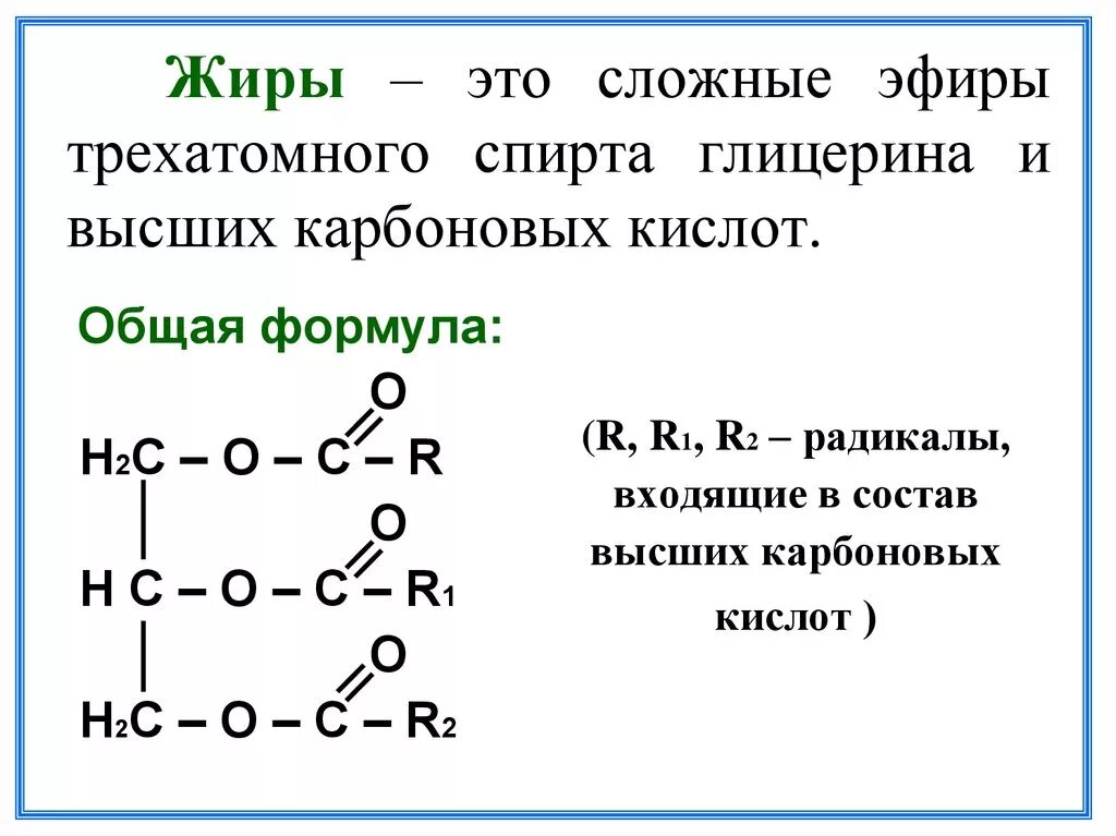 Сложным эфиром глицерина и высших. Сложные эфиры жиры формула. Сложные эфиры трехатомного спирта. Сложные эфиры жиры общая формула. Сложные жиры общая формула.