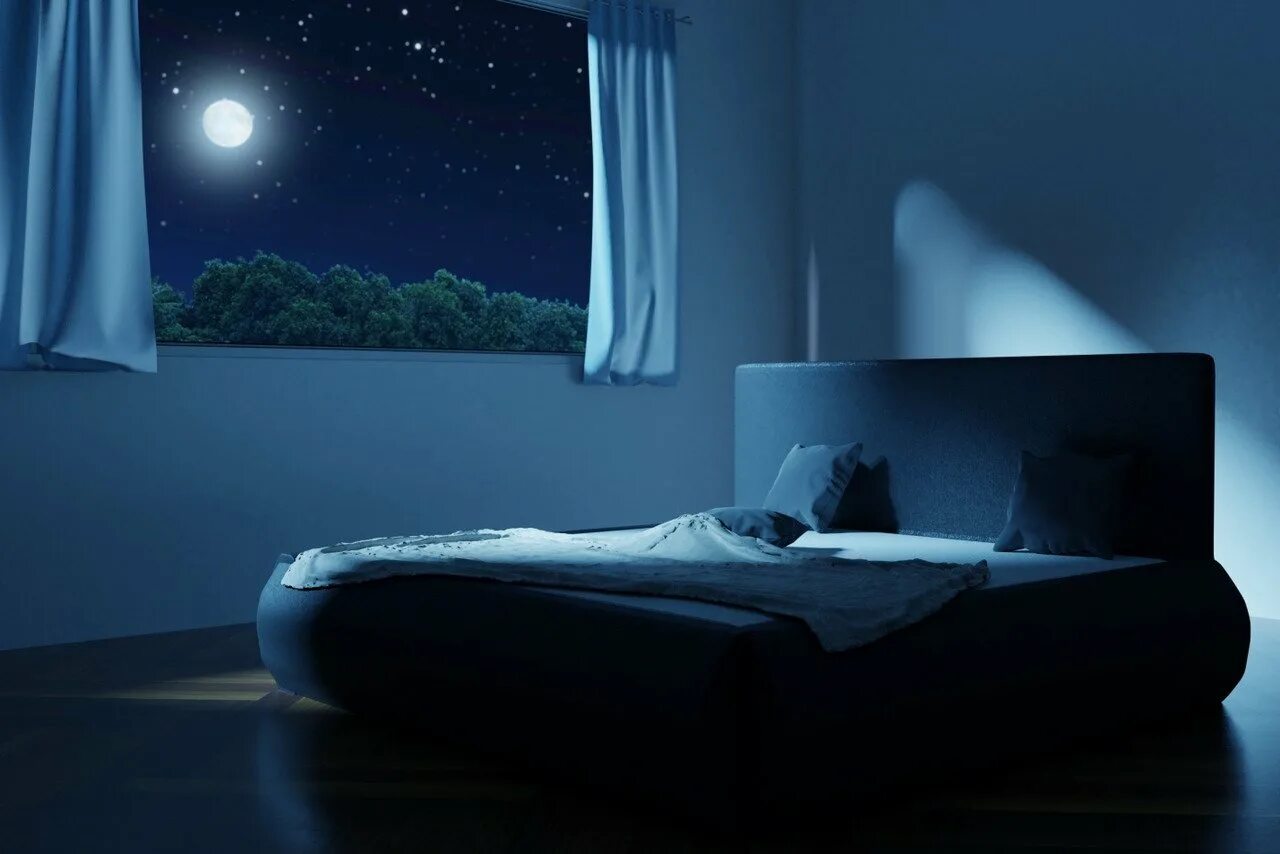 Луна освещает комнату. Комната с кроватью ночью. Спальня ночью. Лунный свет в комнате. Тёмная комната с краватью.