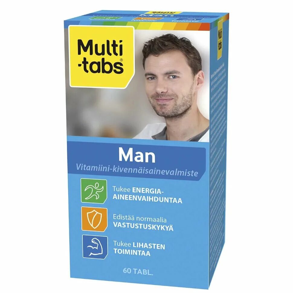 Мультивитаминный-минеральный комплекс для мужчин man Multi-Tabs 60 табл. Мульти табс мен 50+ из Финляндии. Финские витамины Мульти табс для мужчин. Витамины Multi Tabs из Финляндии. Купить мужские витамины