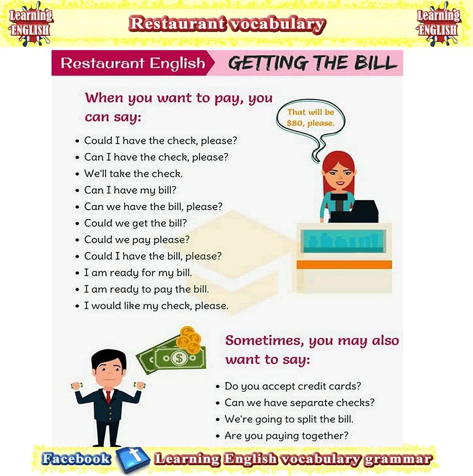 Could i have the bill please. Английский vocabulary restaurant. at the restaurant задания. restaurant vocabulary english. phrases for restaurant.