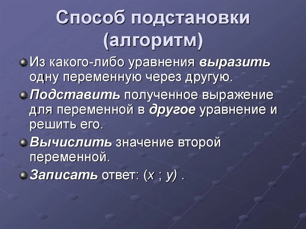 Алгоритм решения методом подстановки. Алгоритм метода подстановки. Алгоритм решения системы уравнений методом подстановки. Метод подстановки в системе уравнений. Алгоритм решения системы уравнений методом подстановки 7 класс.