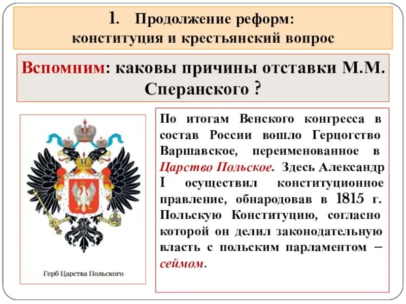 Конституция царства польского была принята. Продолжение реформ. герб царства польского в составе российской империи. царство польское в составе россии при александре 1. царство польское и его конституция при александре 1.