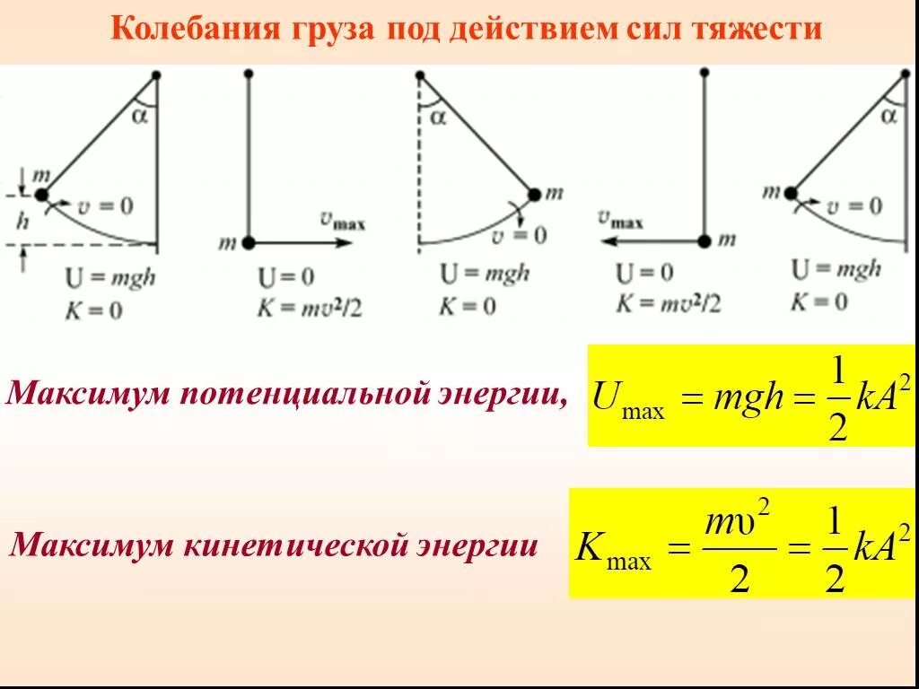 В какой точке максимальная потенциальная энергия. Ускорение при колебаниях маятника. Энергия колебаний маятника формула. Колебания под под действием силы тяжести. Гармонические колебания груза.