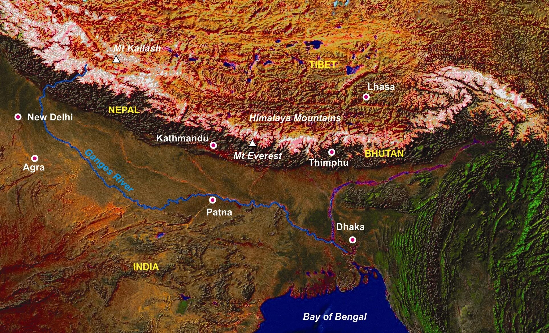 В каком направлении гималаи. Тибетское Нагорье и Гималаи на карте. Гималаи Тибет Тянь Шань на карте.