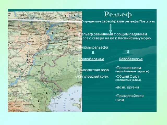 Что из перечисленного характерно для рельефа поволжья. Формы рельефа Поволжья на карте. Рельеф Поволжья 9 класс география. Карта Поволжья ресурсы. Общий сырт на карте.