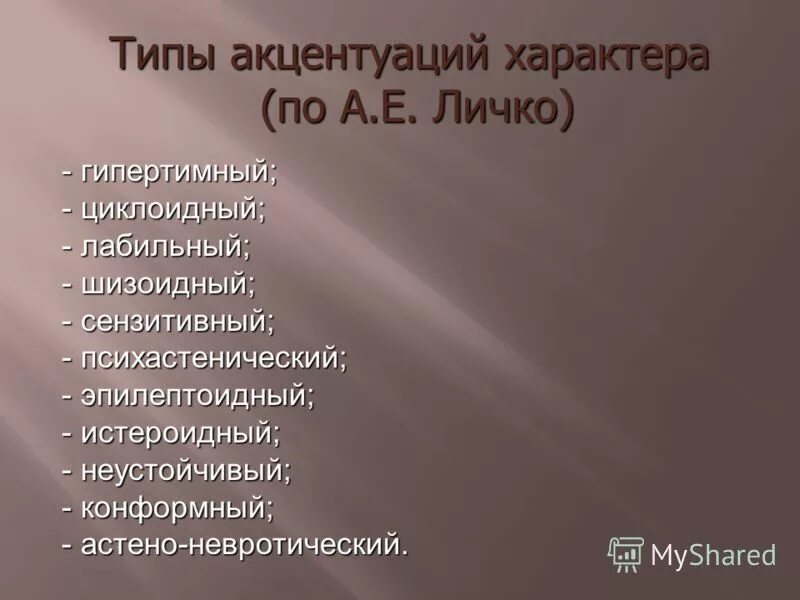 Акцентуации характера по а е личко. Типы акцентуации по Личко. Типы акцентуации характера по Личко. Акцентуация характера виды по Личко. Типы акцентуации по а.е Личко.