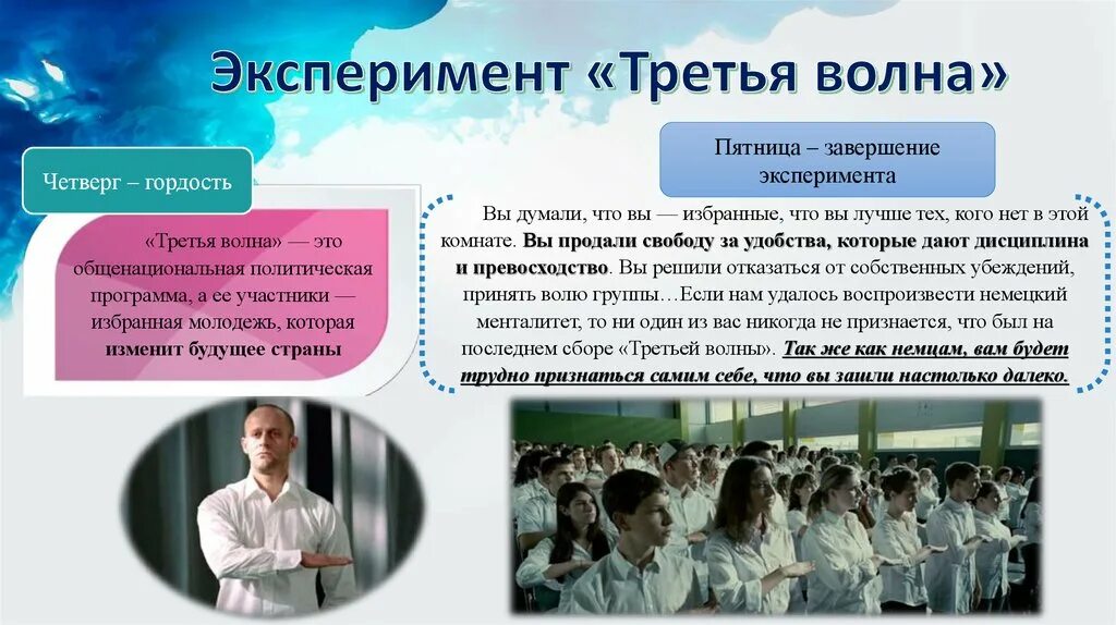 Люди участники эксперимента. Рон Джонс третья волна. Эксперимент 3 волна. Рон Джонс эксперимент третья волна.