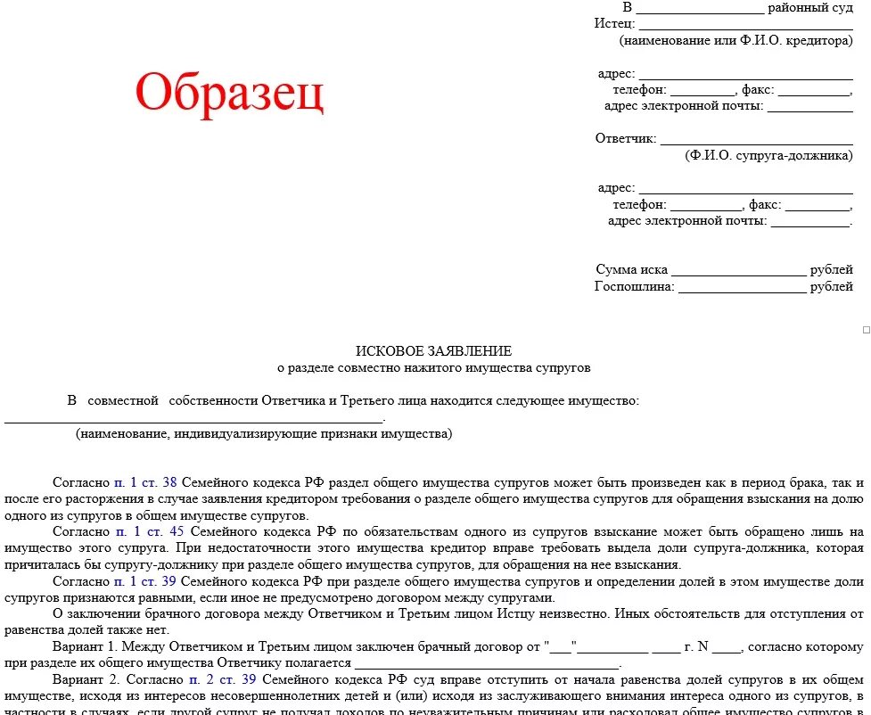 Истец и ответчик в одном лице. Исковое заявление о разделе имущества образец. Исковое заявление о расторжении брака раздела имущества и кредита. Образец искового заявления в суд о разделе имущества. Образец заявления в суд на Разделение имущества.