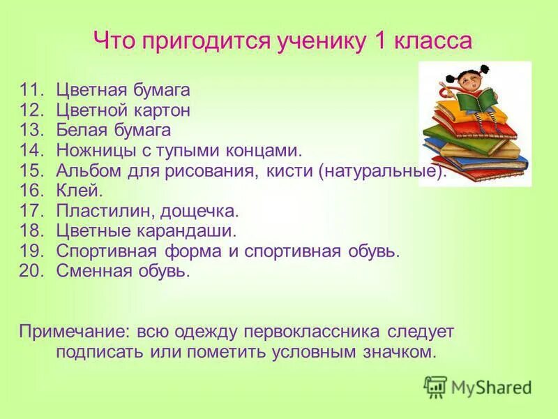 Необходимое в 1 класс для ребенка. Список принадлежностей в школу. Что нужно в 1 класс. Список к первому классу. Что необходимо приобрести ученику для 1 класса.