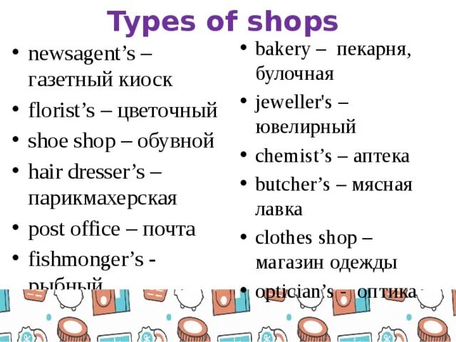 Лексика работа на английском. Виды магазинов на английском. Названия магазинов на английском языке. Магазины на английском языке с переводом. Названия магазинов на английском языке с переводом.