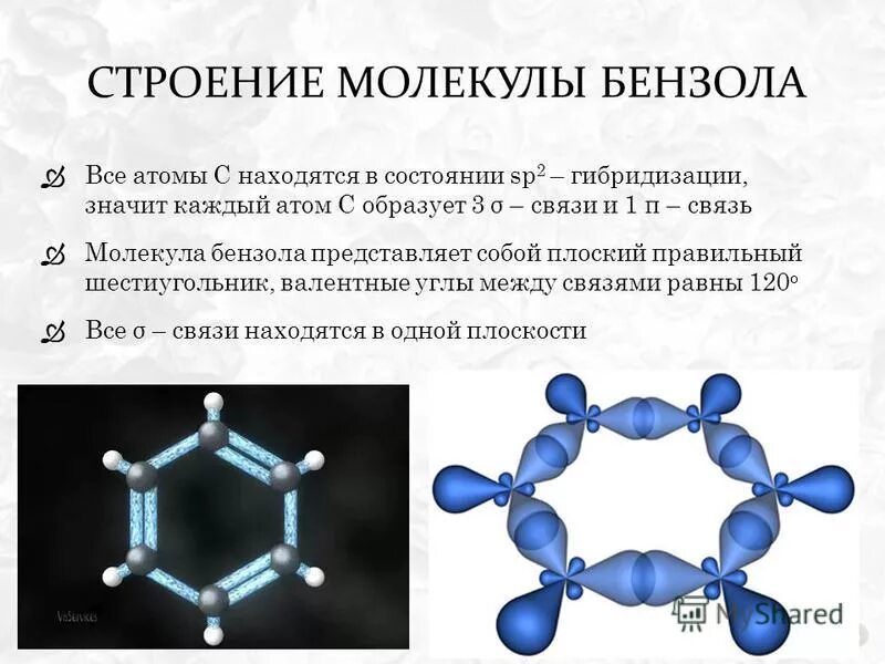 Электронное строение молекулы бензола полуторная связь. Арены строение молекулы бензола. Арены пространственное строение молекулы бензола. Схема образования связей в молекуле бензола. Бензол состояние гибридизации