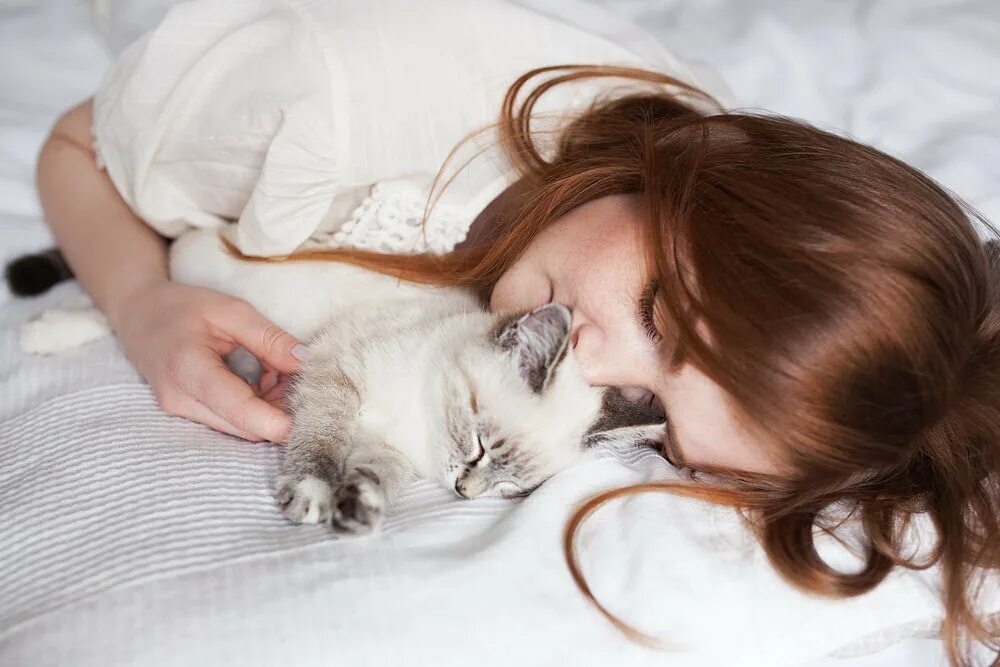 К чему снятся кошки женщине много. Девочка спит. Девушка спит с котом. Девушка спит с котенком. Сладко спит.
