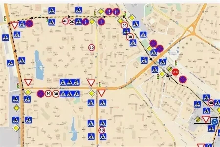Схема экзаменационного маршрута ГИБДД Ульяновск. Карта с дорожными знаками. Расположение дорожных знаков. Экзаменационный маршрут с дорожными знаками.