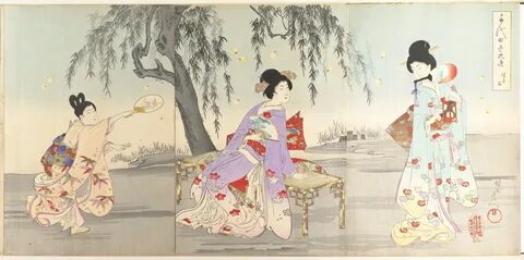 Yōshū (Hashimoto) Chikanobu (Japanese, 1838–1912), Triptych of woodblock pr...