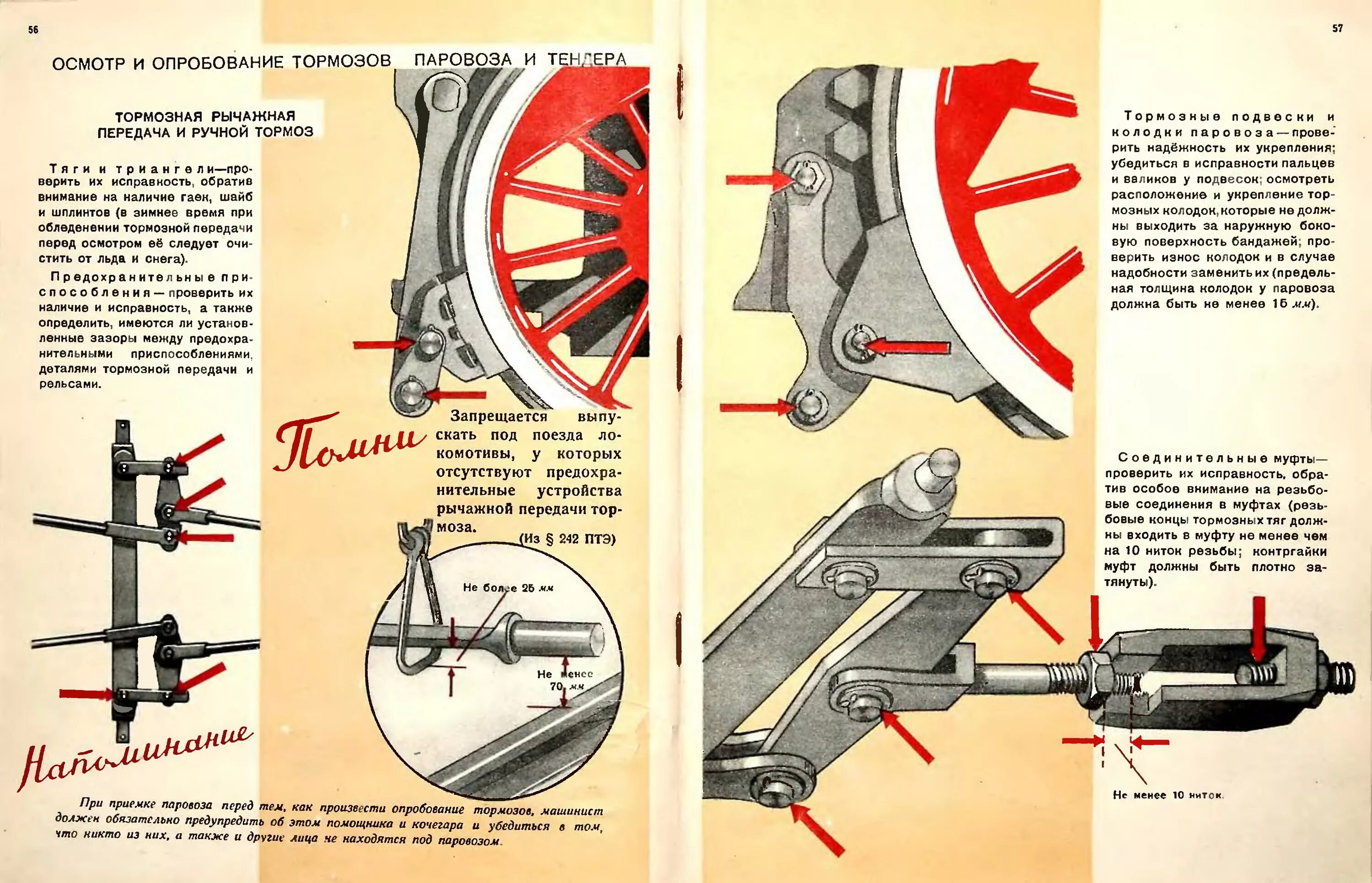 Стояночный тормоз или передача. Иллюстрированное пособие машинисту паровоза. Предохранительные устройства тормозной рычажной передачи. Тормозная колодка от паровоза. Тормоза паровоза.