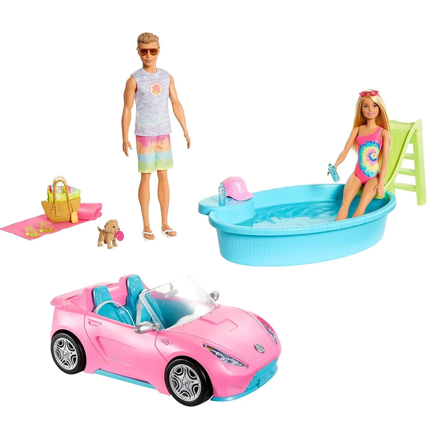 Набор игровой Barbie 2куклы +автомобиль +аксессуары gjb71. Набор Барби Кен машина бассейн. Набор Барби gjb71. Набор Барби и Кен с машиной.