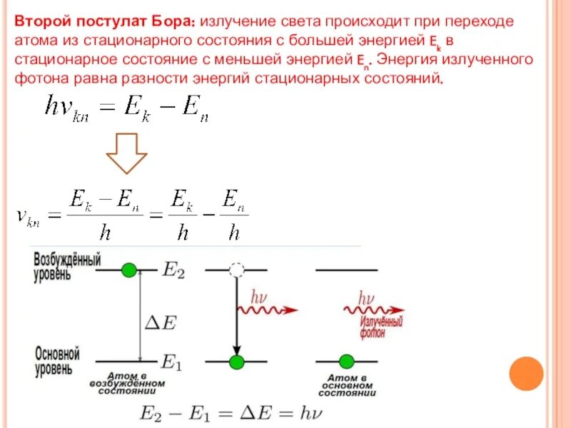 Постулаты бора стационарные состояния атома. Второй постулат Бора. Постулат стационарных состояний. Излучение света при переходе атома из стационарного состояния. Излучение происходит при переходе атома.