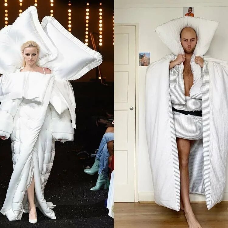 Одежда одеяло и подушка. Платье из одеяла. Viktor rolf haute couture. Viktor & rolf коллекция 2005. Показ мод в подушках.