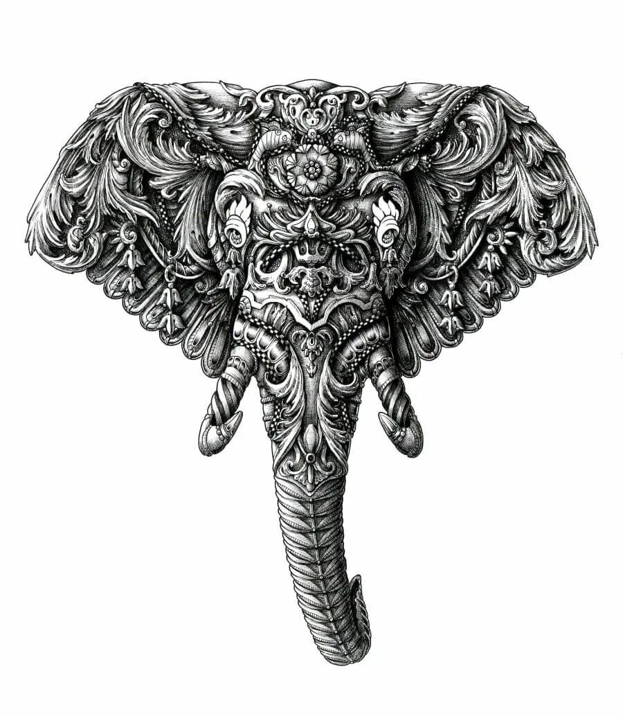 Алекс Конахин рисунки. Стилизованная голова слона. Мистический слон. Слон стилизация.