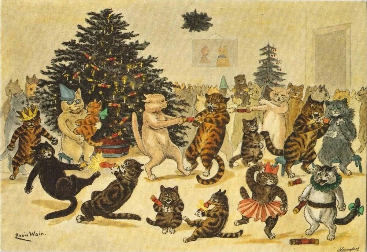 Кот празднует новый год. Луис уэйн картины. новогодние коты луиса уэйна. луис уэйн мальчишник 1939 год. льюис уэйн рождественские коты.
