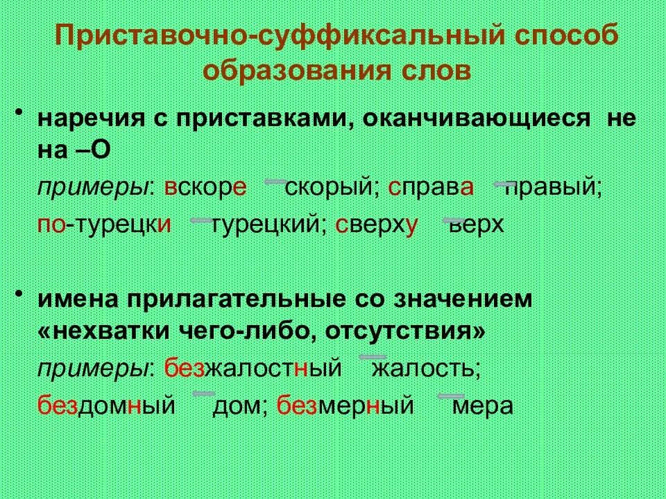 Приставочные слова глаголы. Суффиксальный способ образования прилагательных примеры. Приставочно суффиксальный способ образования примеры. Приставочно-суффиксальный способ образования слов. Суффиксальный способ образования слов примеры.