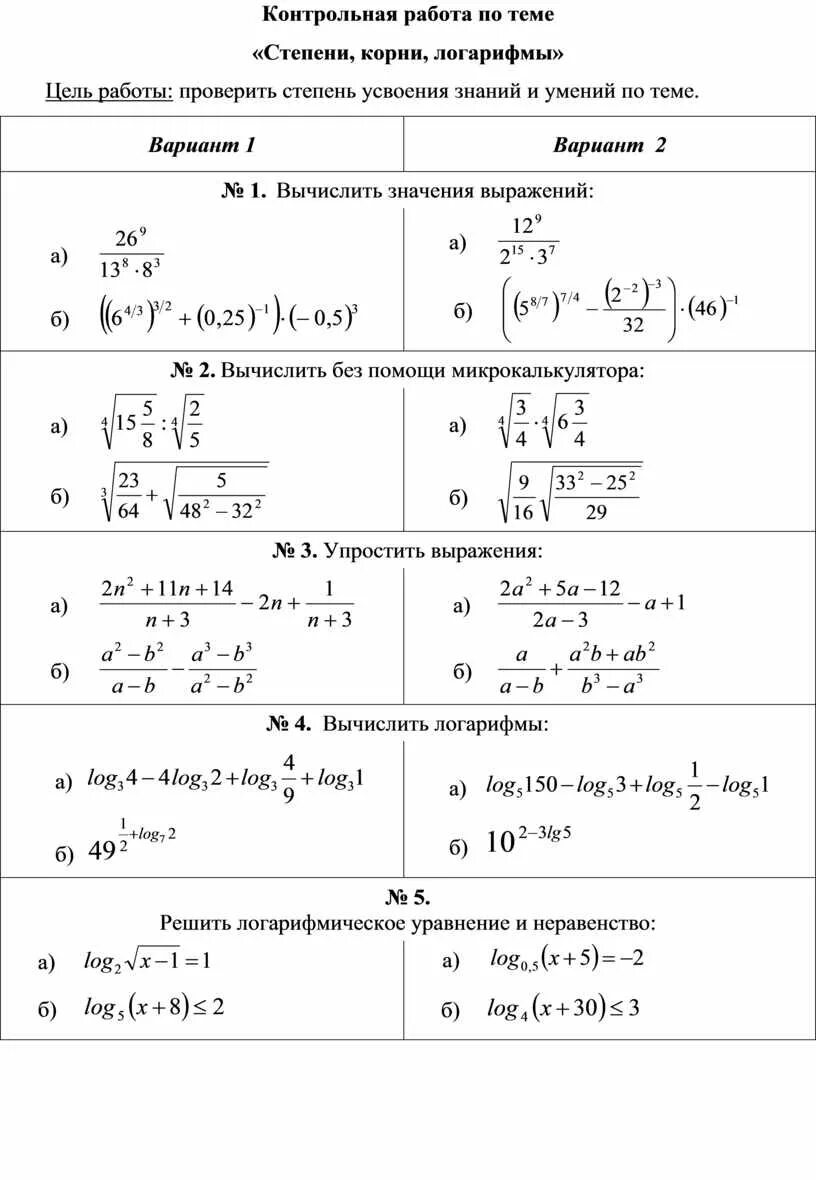 Контрольная по корням алгебра 10 класс. Контрольная работа по степени корни логарифмы. Контрольная работа по математике логарифмы 1 курс с ответами. Степени и корни контрольная работа. Контрольная работа корни степени логарифмы 10 класс.