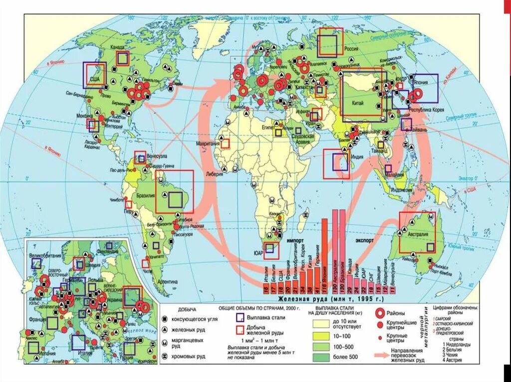 Страны экспортеры черной и цветной металлургии. Основные центры черной металлургии в мире. Центры цветной металлургии в мире на карте.