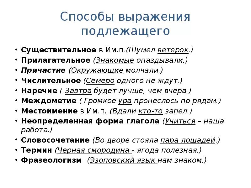 Основные способы выражения подлежащего приведите примеры. Способы выражения подлежащего. способы выражения подлежащего прилагательное. способы выражения подлежащего и сказуемого. подлежащее выраженное наречием.