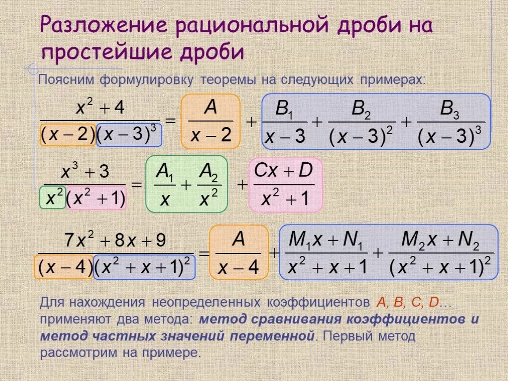 Метод неопределенных коэффициентов интегралы. Решение интегралов методом разложения на простейшие дроби. Разложение дроби на простейшие методом неопределённых коэффициентов. Интегрирование путём разложения на простейшие дроби. Разложение на простейшие интегралы