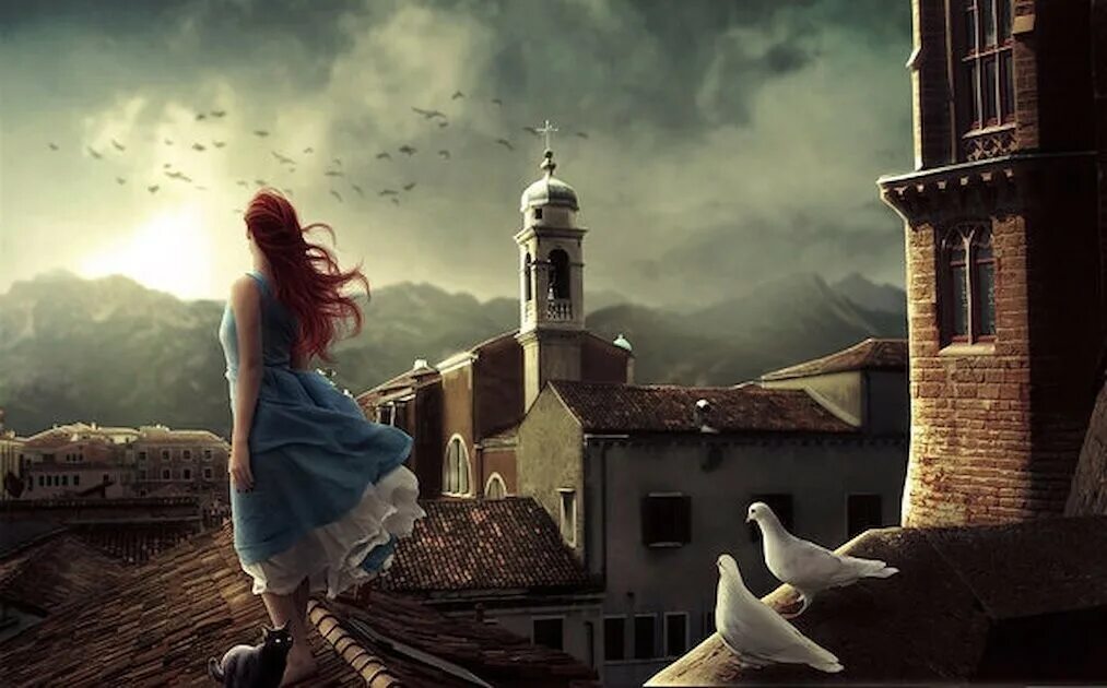 Крыша фэнтези. Девушка на крыше. Рыжая девушка в замке. Девочка на крыше.