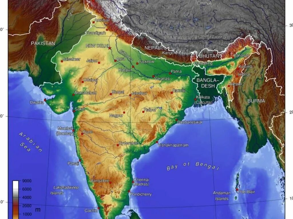 Карта Индии географическая. Географическое положение Индии. Физическая карта Индии. Рельеф Индии карта.