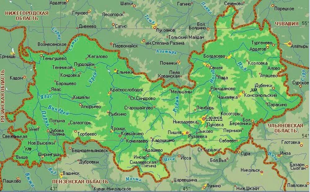 Елабуга город на карте россии показать. Мордовия Республика столица на карте России. Границы Мордовии на карте. Карта Мордовии с городами. Республика Мордовия на карте России.
