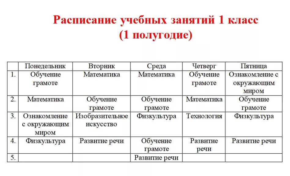 Расписание уроков в первом классе