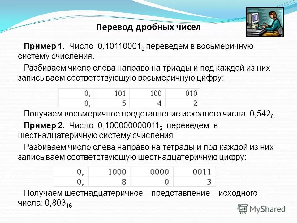 Вывести дробных чисел. Дробные числа. дробные числа примеры. примеры перевода в восьмеричную систему счисления дробных чисел. перевести дробное число.