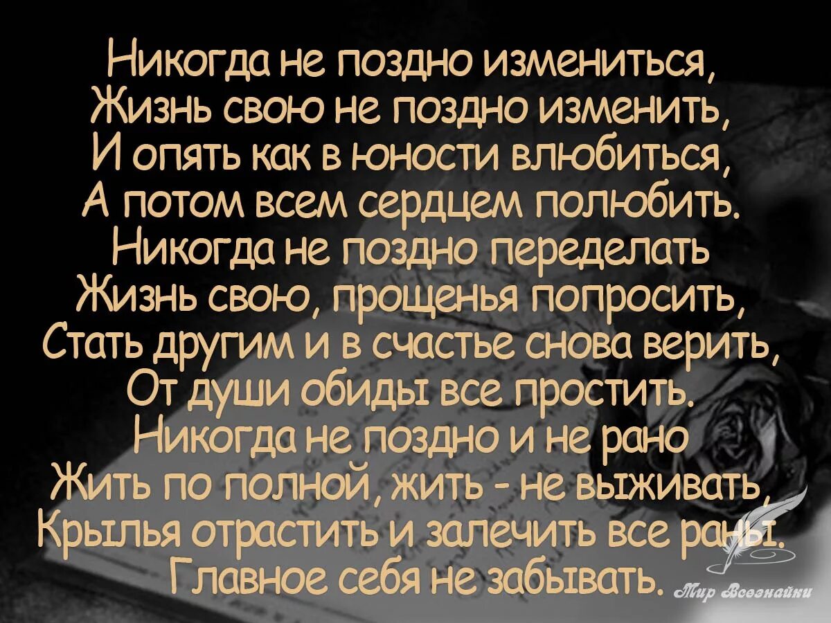 Сколько жизней стих. Никогда не поздно цитаты. Никогда не поздно стихи. Начинать никогда не поздно цитаты. Никогда не поздно все изменить цитаты.