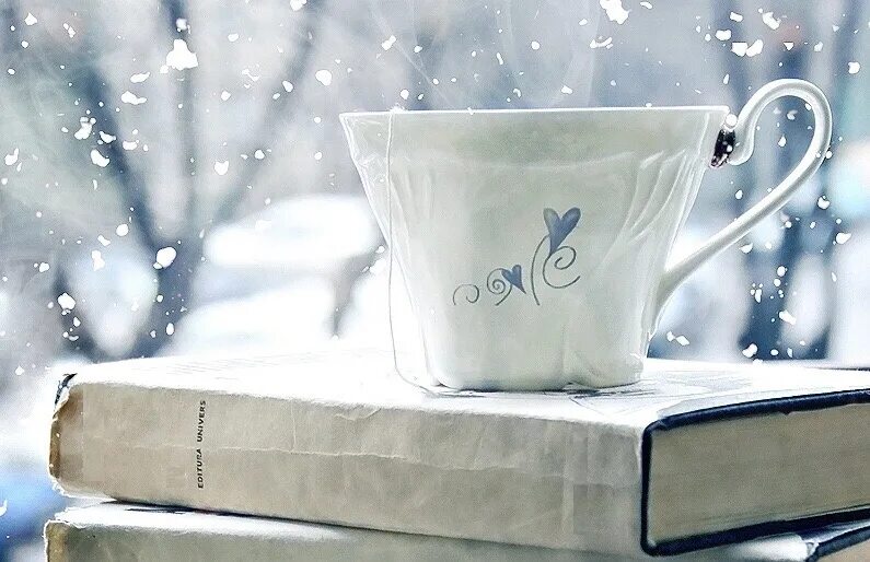 Утро туманно украшена снежинками книги собраны. Утро кофе снег. Книга на снегу. Книги зима. Кофе зимой.