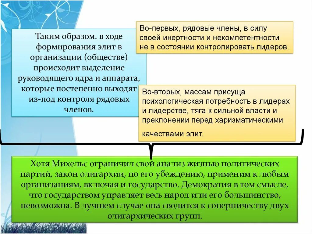 Закона олигархизации партий. Выделял 2 тенденции в развитии Элит.