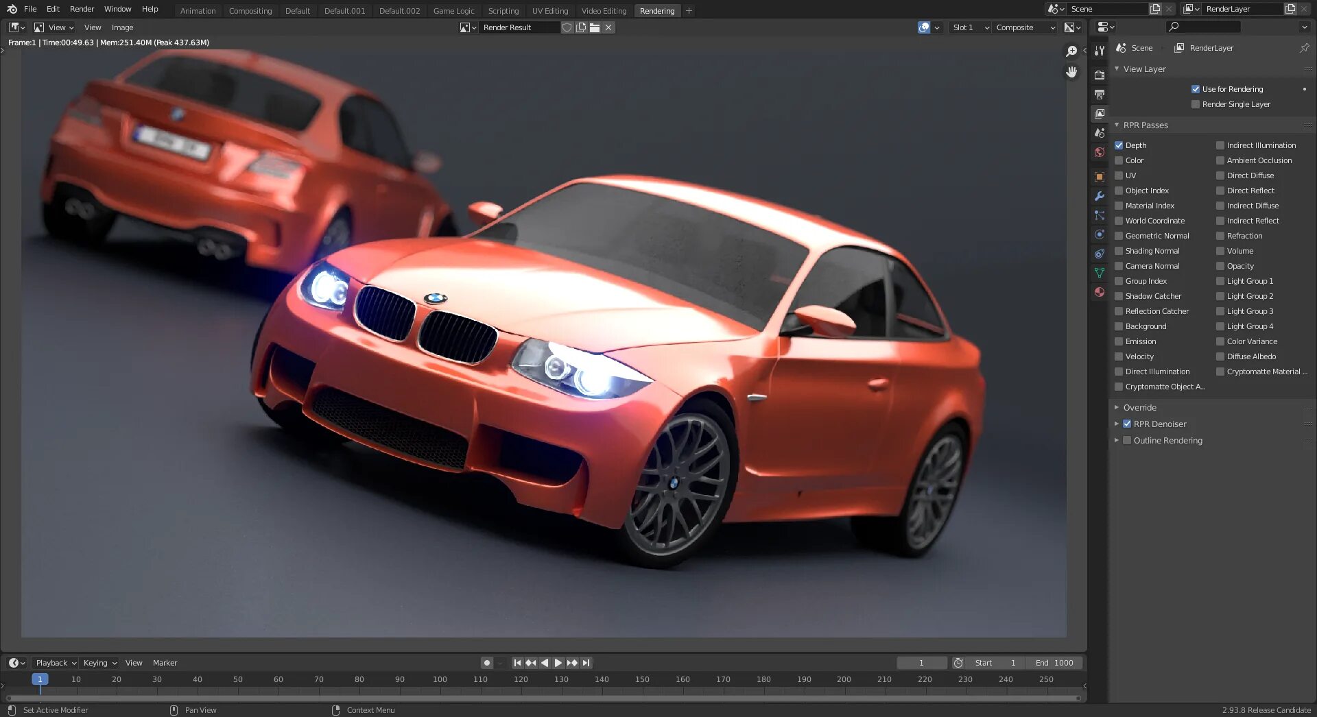 Модель Blender BMW. Рендер тест. CPU Test render. GPU render engine. Report render