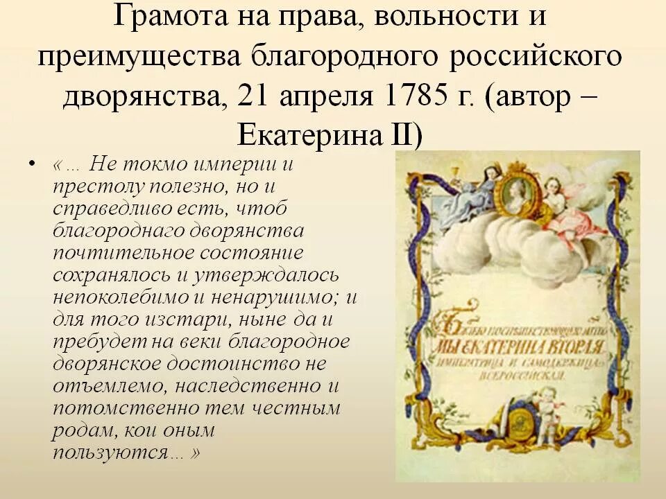 Дарование жалованной грамоты год. 1785 Жалованная грамота дворянству Екатерины 2. Жалованные грамоты дворянству. Манифест о вольности дворянства и Жалованная грамота. Грамота о вольности дворянства.