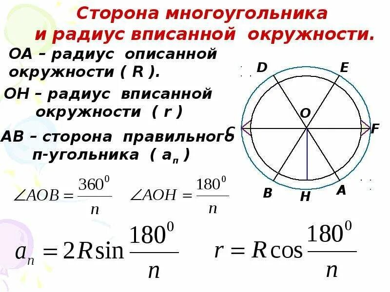 Стороны многоугольника вписанного в окружность. Сторона через радиус вписанной окружности. Формула нахождения радиуса вписанной окружности. Формула для вычисления радиуса вписанной окружности. Формулы через радиус вписанной и описанной окружности.