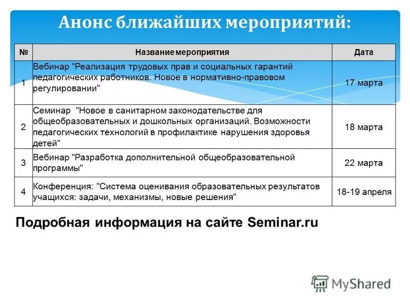 мероприятия в ближайшее время