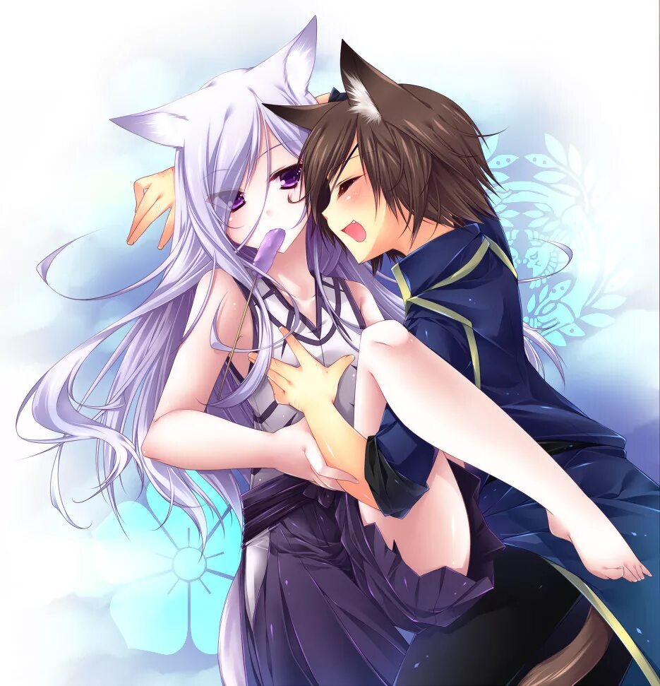 Девушка с котом в постели. Неко пары. Парень и девушка с кнотом. Аниме пара с ушками. Неко пары.